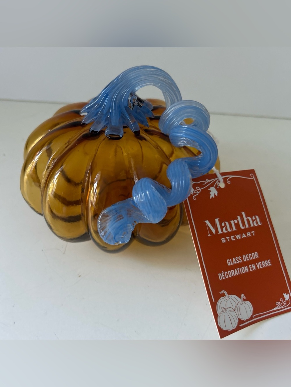 Martha Stewart Amber Glass Pumpkin with Blue Stem Decorative NEW - Picture 3 of 13